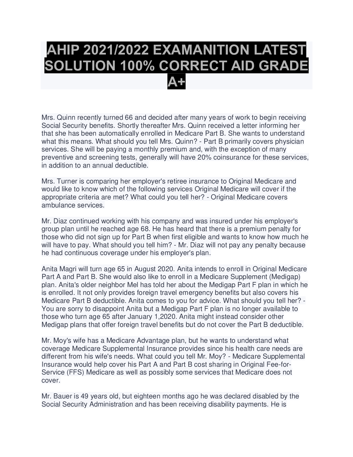 Preview of AHIP 2021/2022 EXAMANITION LATEST SOLUTION 100% CORRECT AID GRADE A+